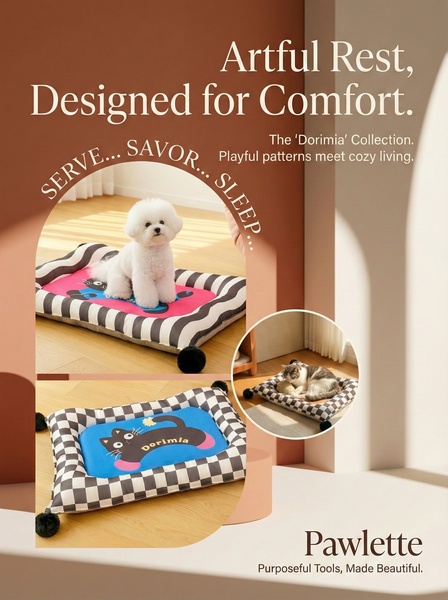 pet bed, dog bed, pet mattress, dog cushion, pet pillow, dog mat, pet furniture, product launch, brand awareness, lifestyle, editorial, warm, luxurious, brown, neutral